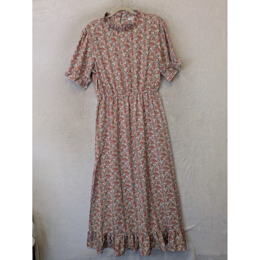 Indie & Co Maxi Dress Women's Size L Multicolor Floral Ruffle Neck Puff Sleeve